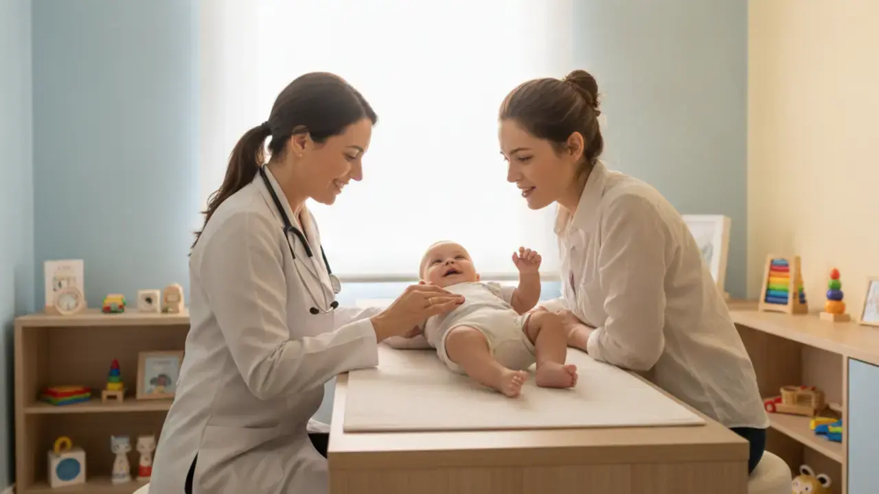 Médica pediatra sorrindo e conversando com a mãe e o bebê, demonstrando uma consulta de puericultura personalizada e aprofundada.